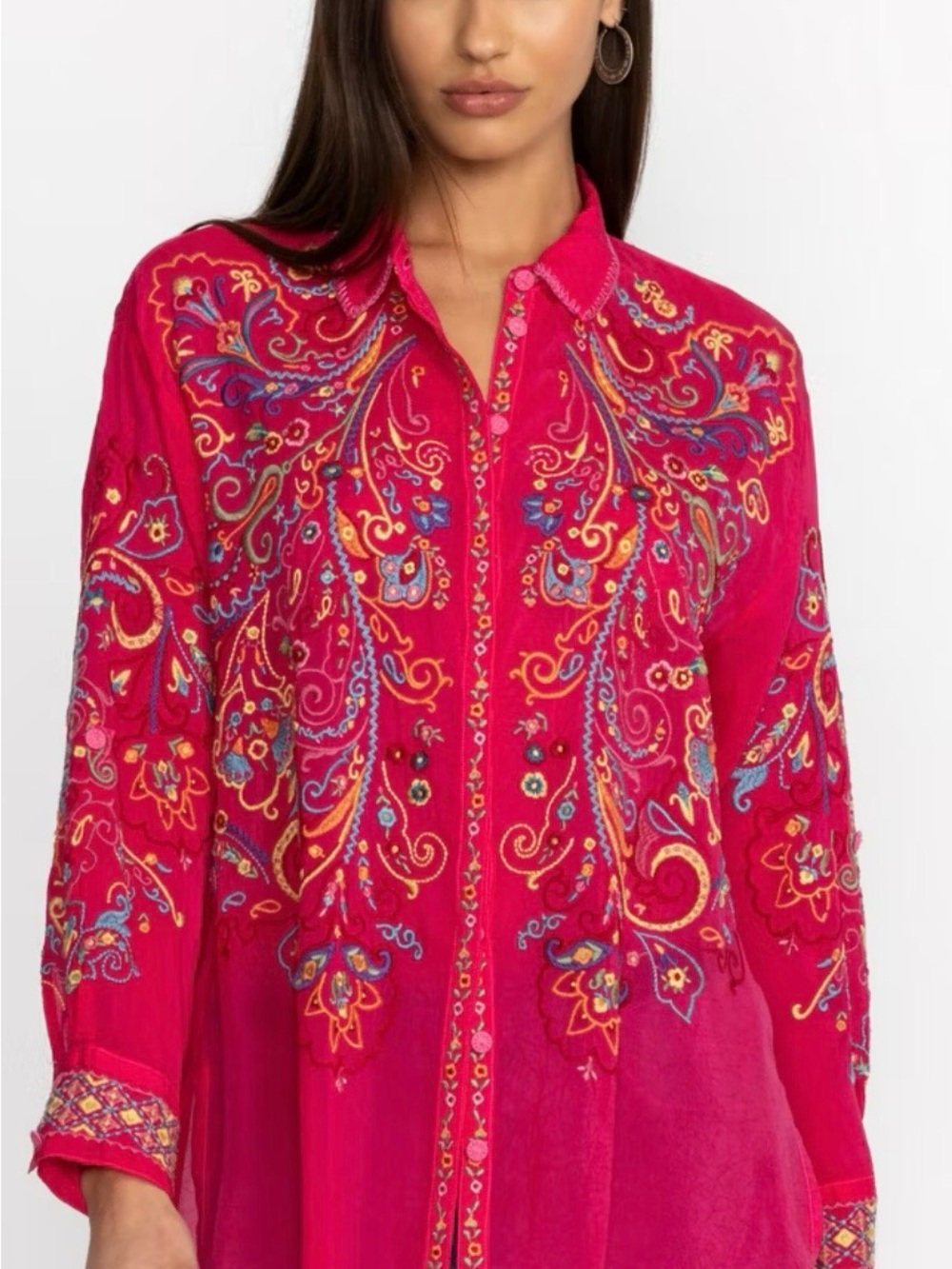 Johnny Was Embroidered Hot Pink Women's Button-Front Tunic Top